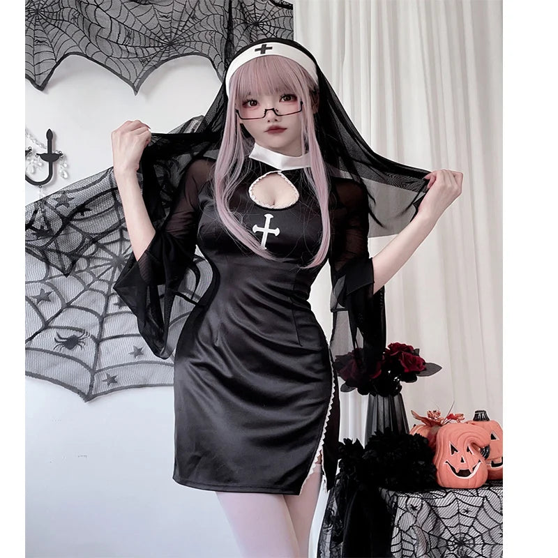 Halloween Sexy Nun Cosplay Costume Vampire Cross Dark Gothic Style Black Nun Dress With Headwear Carnival Roleplay Clothes