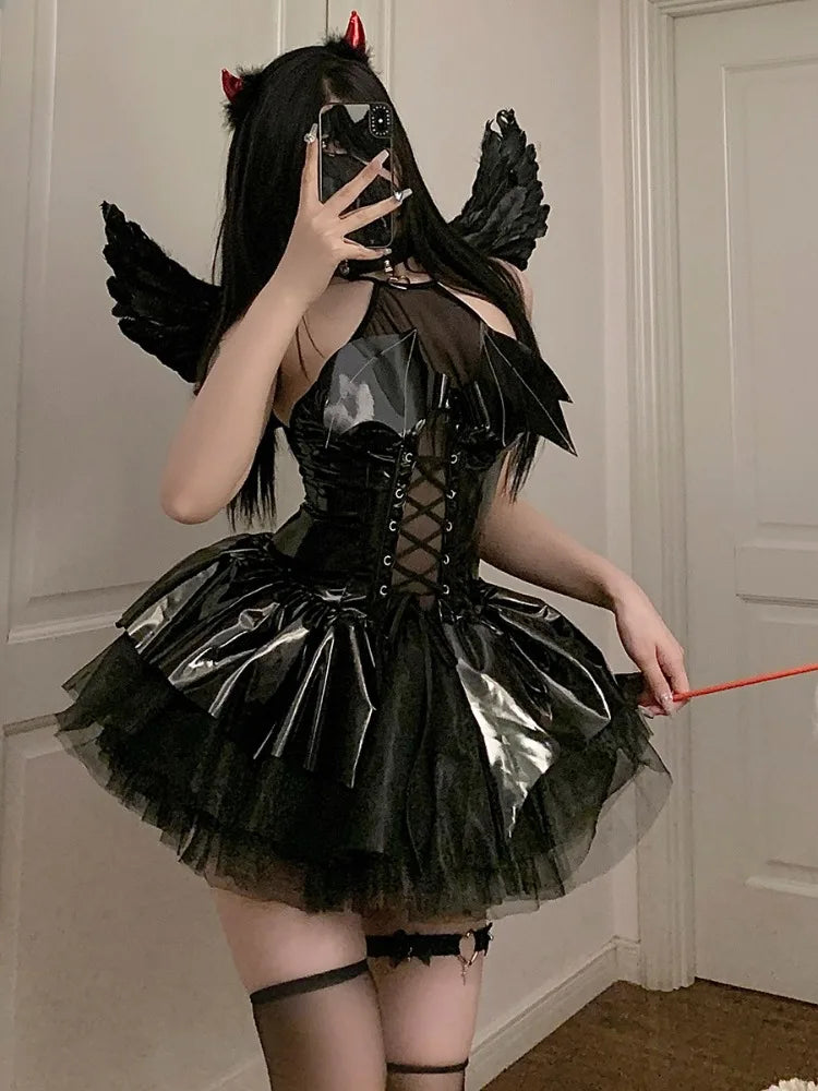 Sexy Demon Costumes Witch Lingerie Women Halloween Cosplay Devil Bandage Mini Skirt Erotic Female Leather See Through Underwear
