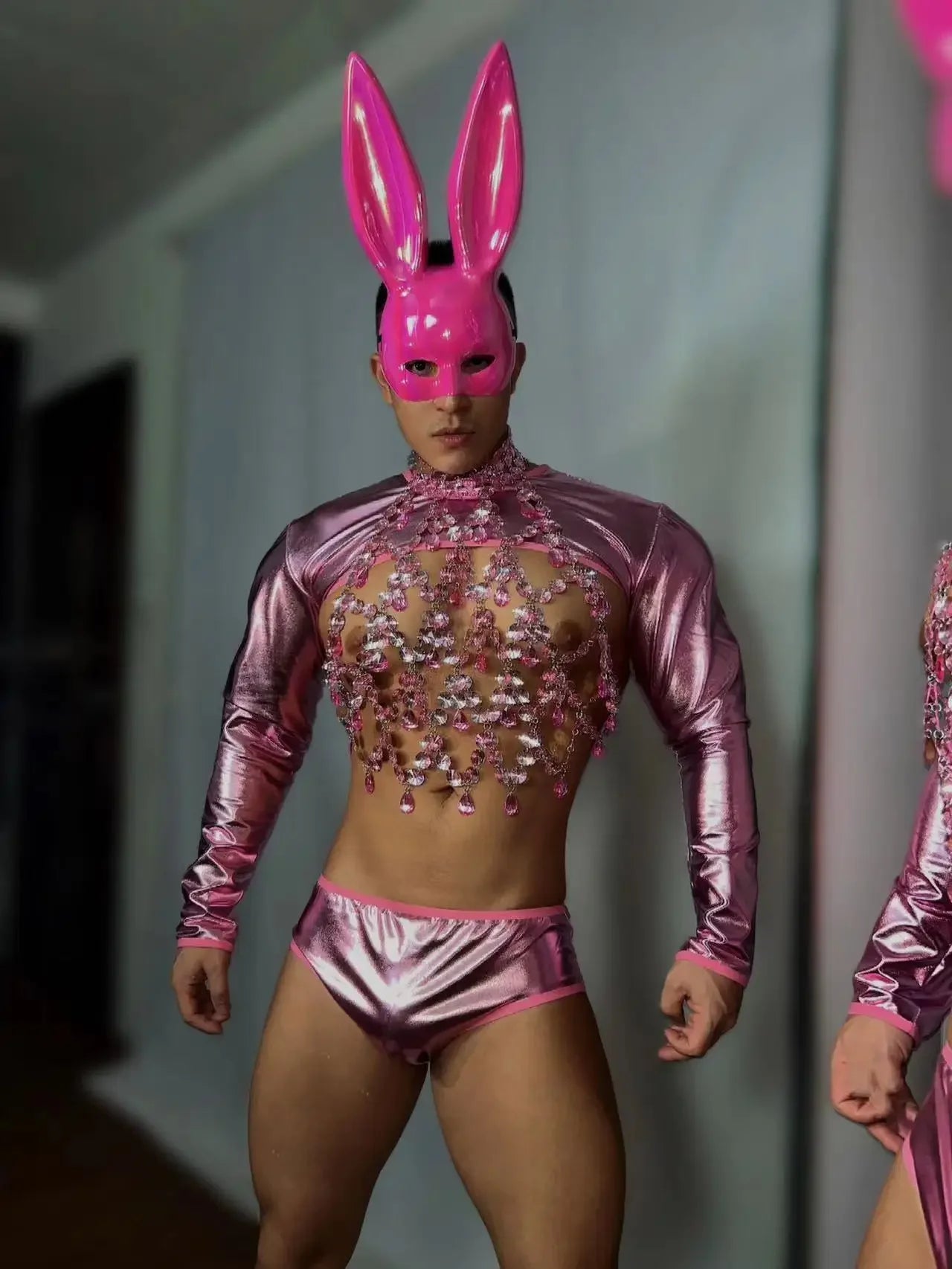 Male Pink Rabbit Masks Rhinestones Chest Chains Sexy Stage Rave Outfits Gogo Dancer Team Nightclub Bar Performance Dance Costume