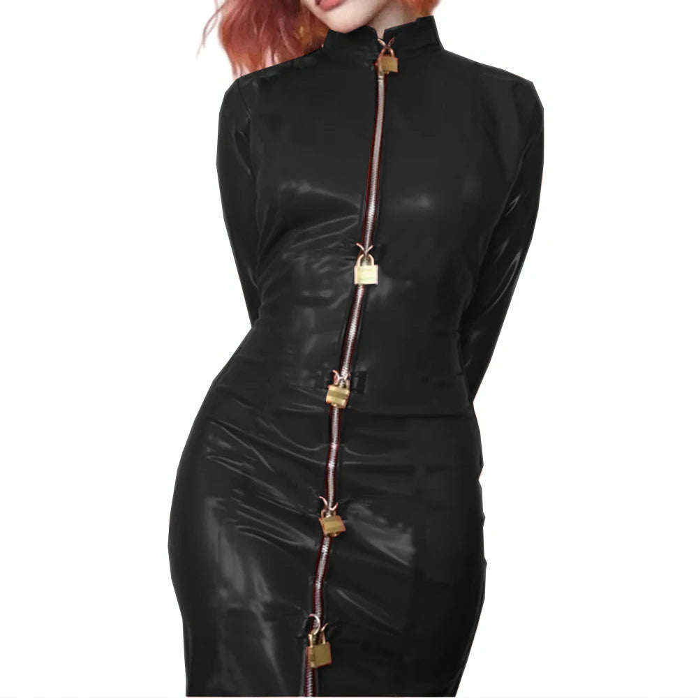 Lockable Sexy Sissy Cosplay PVC Leather Dress Long Sleeve Bodycon Madi Dress Bondage Bag Cover Hobble Dress Women Men Clubwear