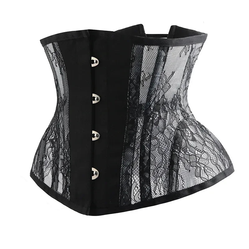 Waist Trainer Corset Top Plus Size Spiral Steel Boned Gothic Women Sexy Lace Mesh Body Shaper Underbust Bustier Black