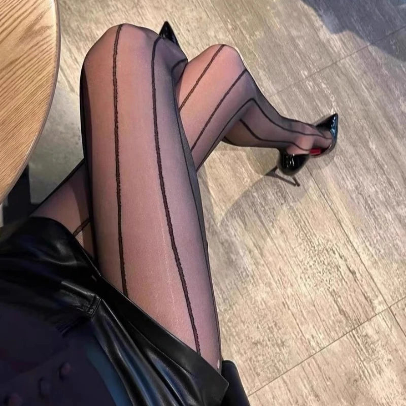 5D Aurora Series Oil Shiny Silky Nylon Stockings Women Black Sexy Striped Ultra Thin Transparent Open Crotch Pantyhose