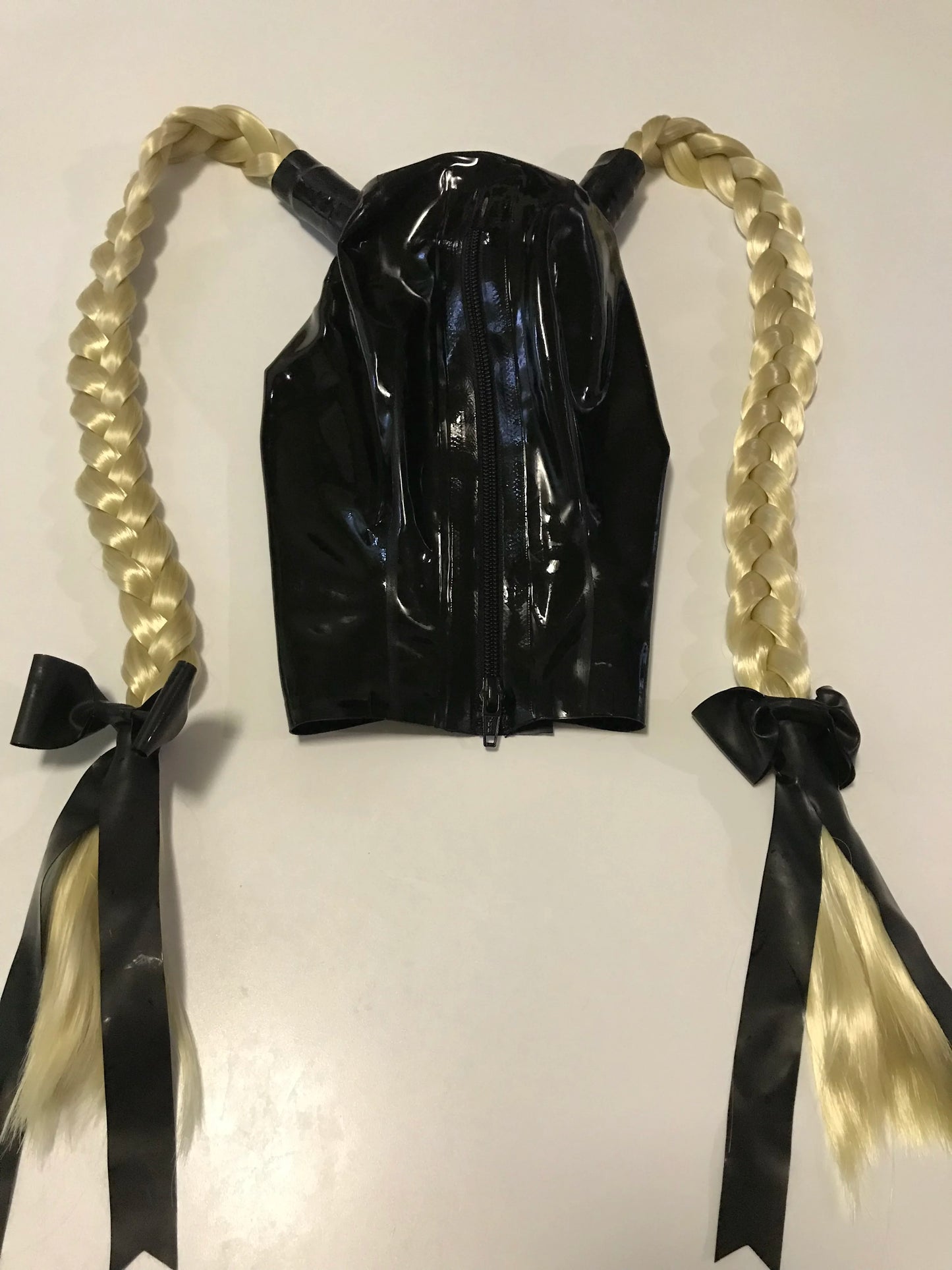 Metallic Blue Latex Fetish Hood Mask with Two Braids Pigtails Ponytail