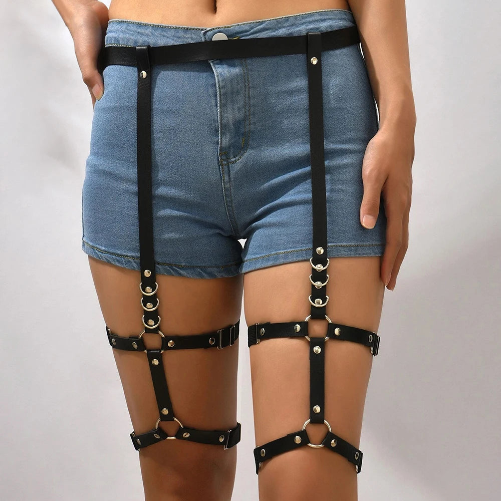 Studded Decor Harness Belt Sexy Leg Harness Suspenders Pu Leather Thigh Garter Harness for Women Harness Clothing Accessories