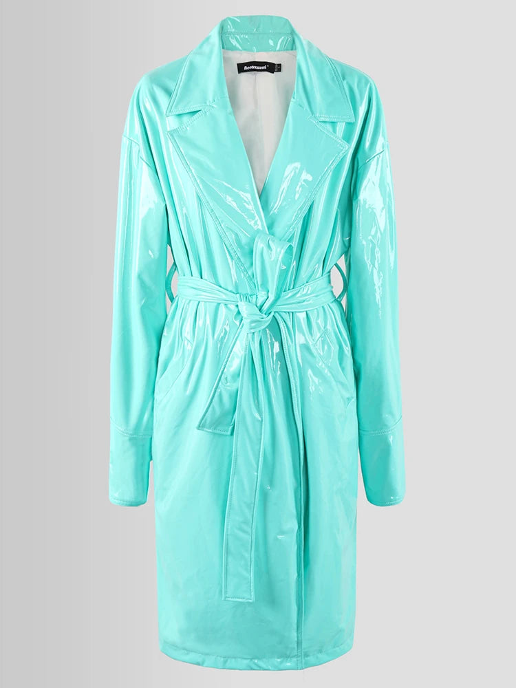 Nerazzurri Autumn Long Oversized Shiny Reflective Soft Blue Patent Faux Leather Trench Coat for Women Sashes European Fashion