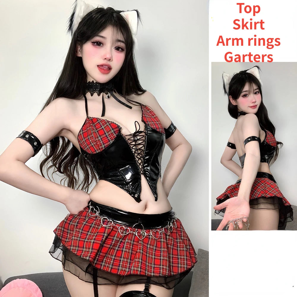 Anime Devil's City Queen Unifrom Women Cool Girl Punk Cyber Leather Outfits Costumes Cosplay Demon Role Play Sexy Set Halloween