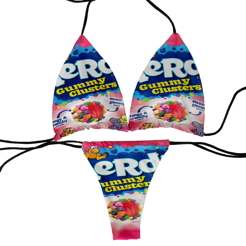 Funny food and potato chip print summer swimsuit women sexy bikini panties thong G-string swimming trunks beachwear