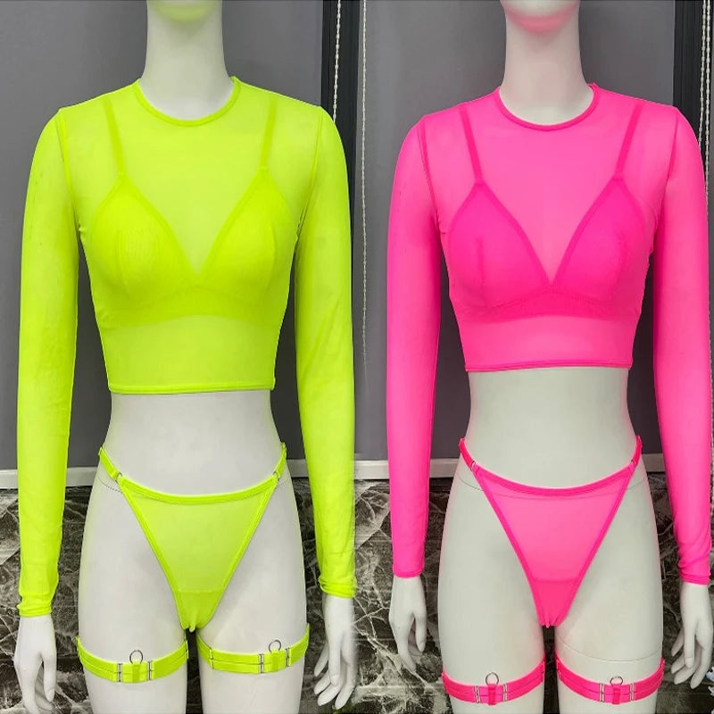 Toucheart 5 Piece Set Sexy Long Sleeves Top Bra Set For Women Solid Color Underwear Mesh See-Through Sexy Garter Underwear Set