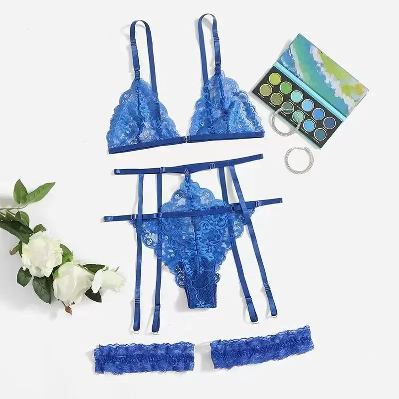 ASHBURN 3 Piece Set Sleepwear Suit Sexy Lingerie Women Thin Transparent Lace Bra Set See Through Female Erotic Underwear New