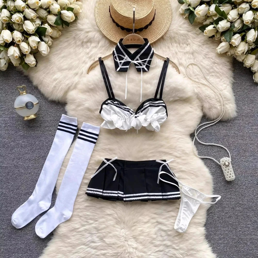 Toucheart Preppy Style Sexy Uniform Sets Women Sexy Uniform Suit Sheer Top+Lace Up Mini Skirt+Thongs Hollow Cosplay Porn Suits