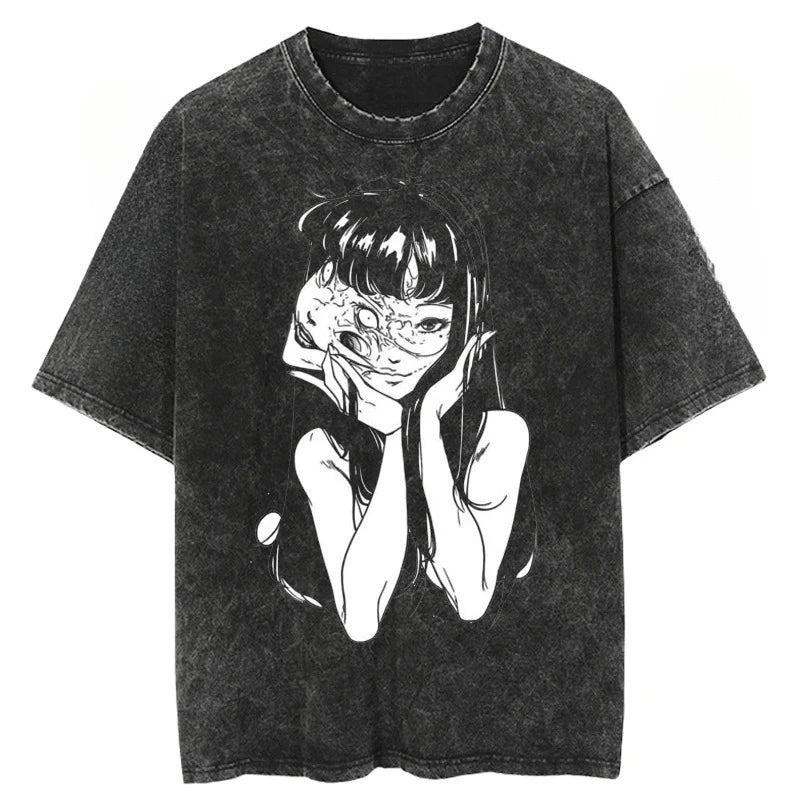 Anime Tomie Kawakami Junji Ito High-Street Washed Distressed Casual Sporty Light Luxury Men's Tees, Women's Short Tees & Couple
