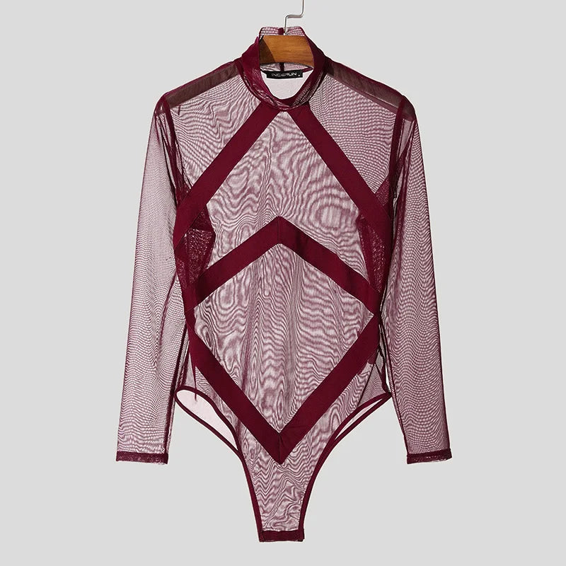 Fashion Casual Men's Jumpsuits INCERUN Perspective Mesh Splicing Strap Design Bodysuit Sexy Male Hot Selling Thin Homewear S-3XL