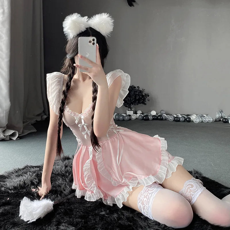 Maid Dress Cosplay Costumes Women Sexy Lingerie Perspective Erotic Underwear Sweet Uniform Skirt Maid Lace Outfit Porno Suit