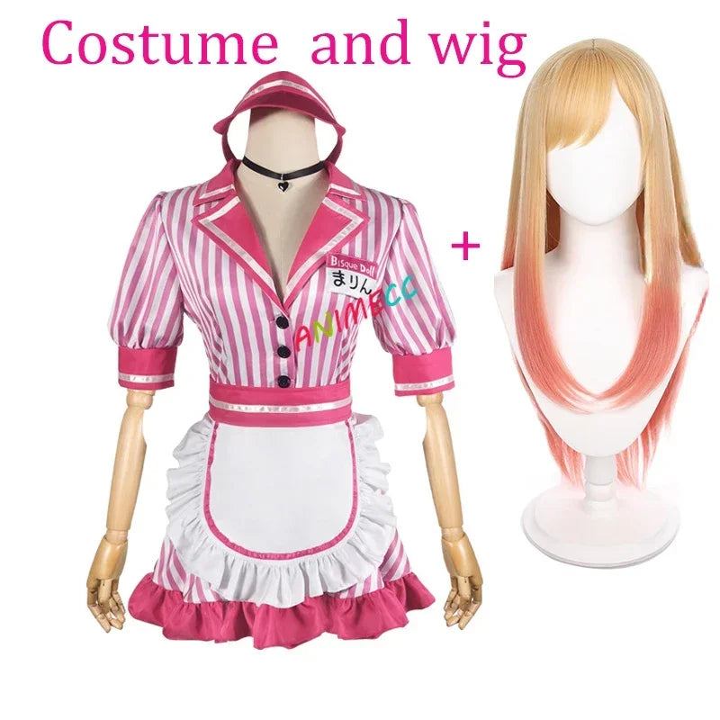 ANIMECC in Stock Marin Kitagawa Cosplay Costume Wig Pink Waitress Sweet Maid Dress Anime Halloween Party for Women
