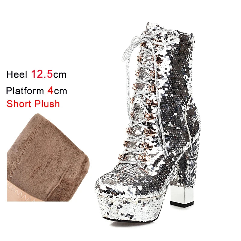 Golden Short Boots Women Platform Heels Glitter Bling Round Side Zip Block Heel Shoes Gold Silver Green Size 34-43 Botas Mujer