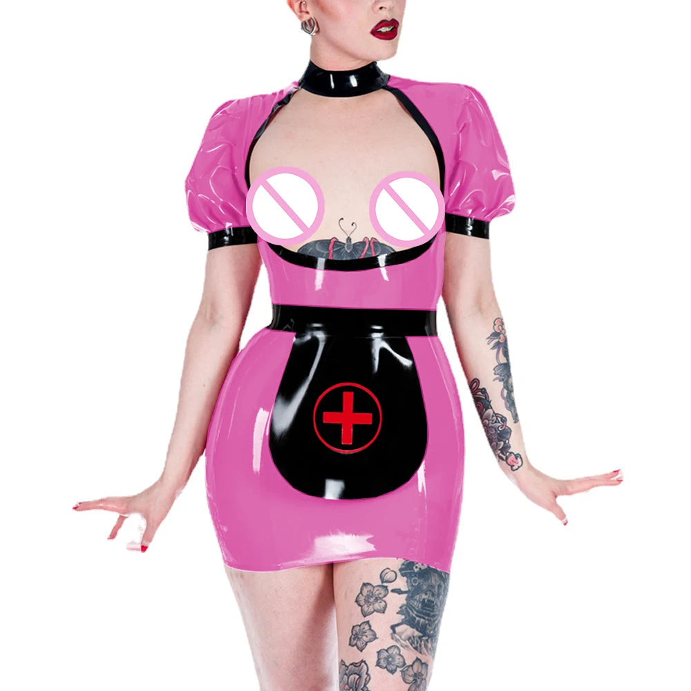 Sexy Shiny PVC Open Chest Apron Nurse Uniform Exotic Party Hip Exposed Bodycon Mini Dress Fetish Cosplay Costumes Role Play Set