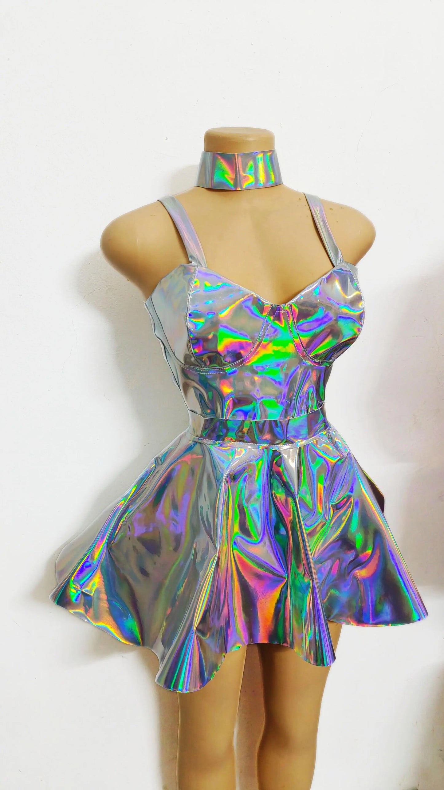 ASHBURN™ Holographic Embroidered Bodysuit & Skirt Set – Laser Clubwear for Festival + Stage Seduction