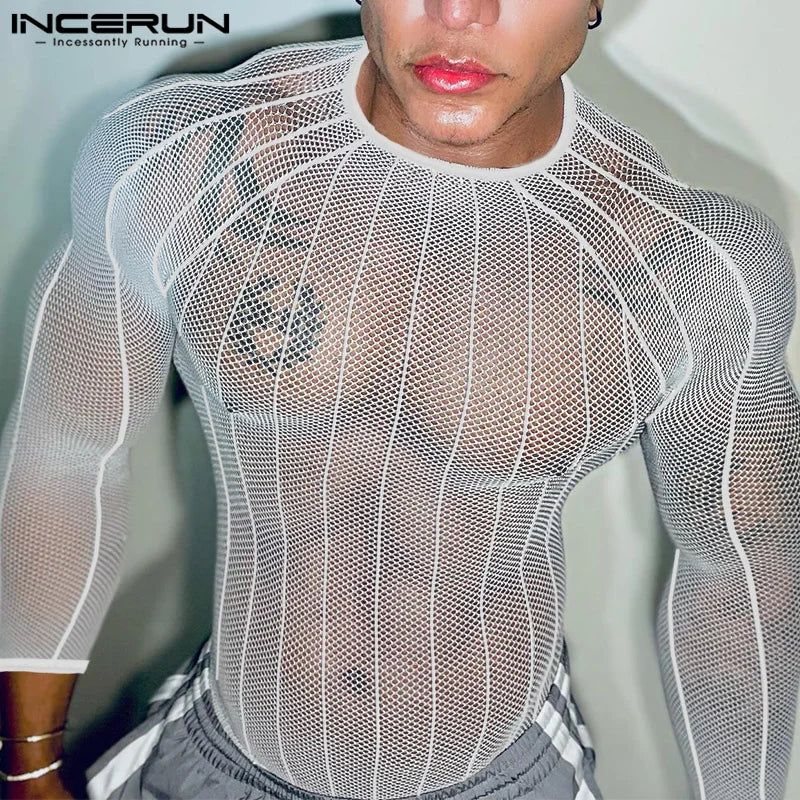Party Nightclub Style Tops INCERUN Men's See-through Thin Design T-shirts Sexy Leisure Male Hot Sale Long Sleeved Camiseta S-3XL