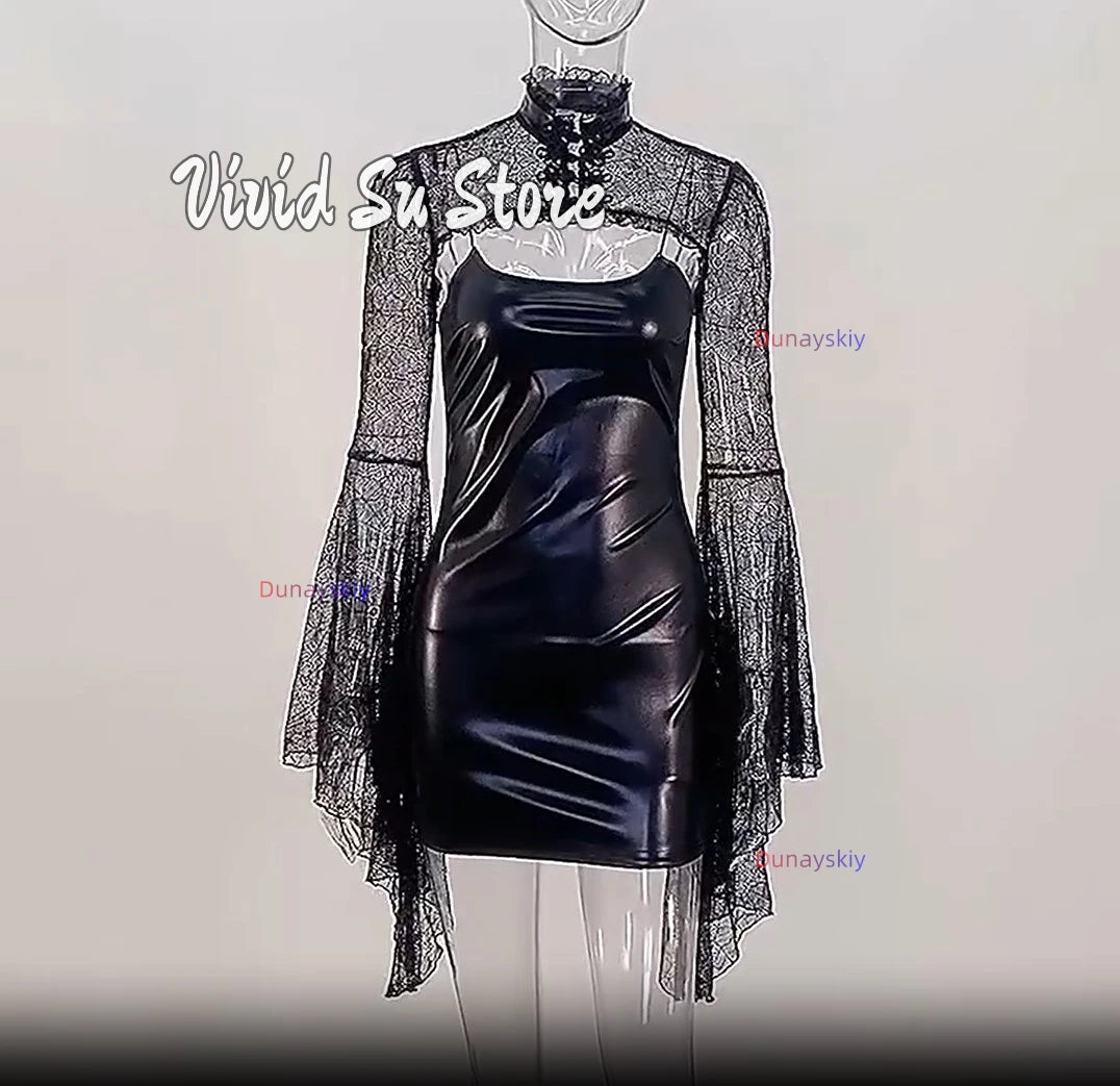 Dark Gothic Design Dresses Cosplay Costume Leather Sexy Vintage Lolita Horn Skirt lim Waist Sleeve Dress Two-piece Roleplay Suit