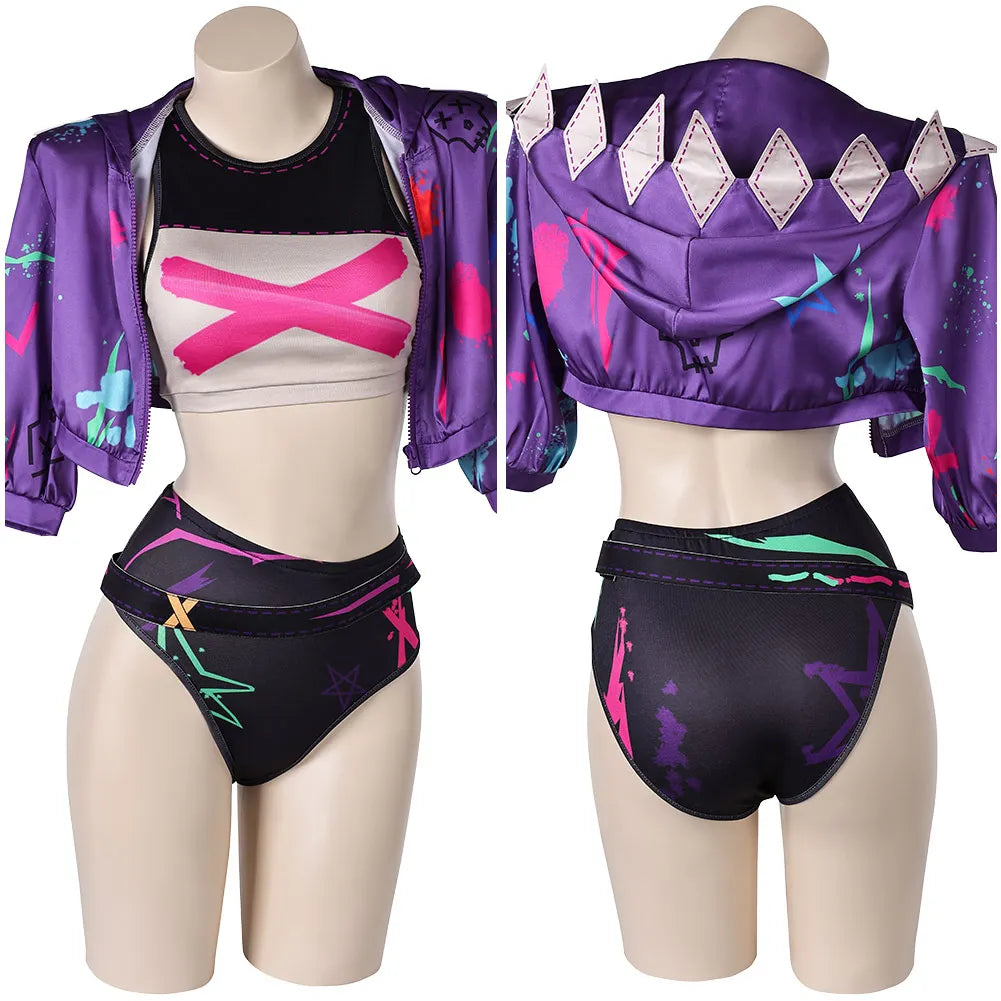 Game LOL Arcane Jinx Swimsuits Swimwear Cosplay Costume Women Summer Sexy Bikini Tops Shorts With Cloak Halloween Party Suits
