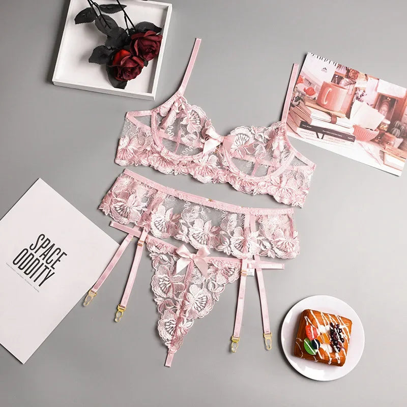 Ashburn 3 Piece Set Sexy Lingerie Embroidery Printing Patchwork Bow Knot Lace Up See- Through Underwear Bra Set For Women New