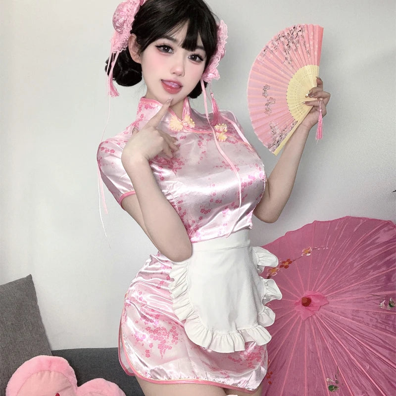 Sexy Mini High Split Cheongsam Women Vintage Button Short Sleeve Qipao Traditional Chinese Silm Dresses Cosplay Costume