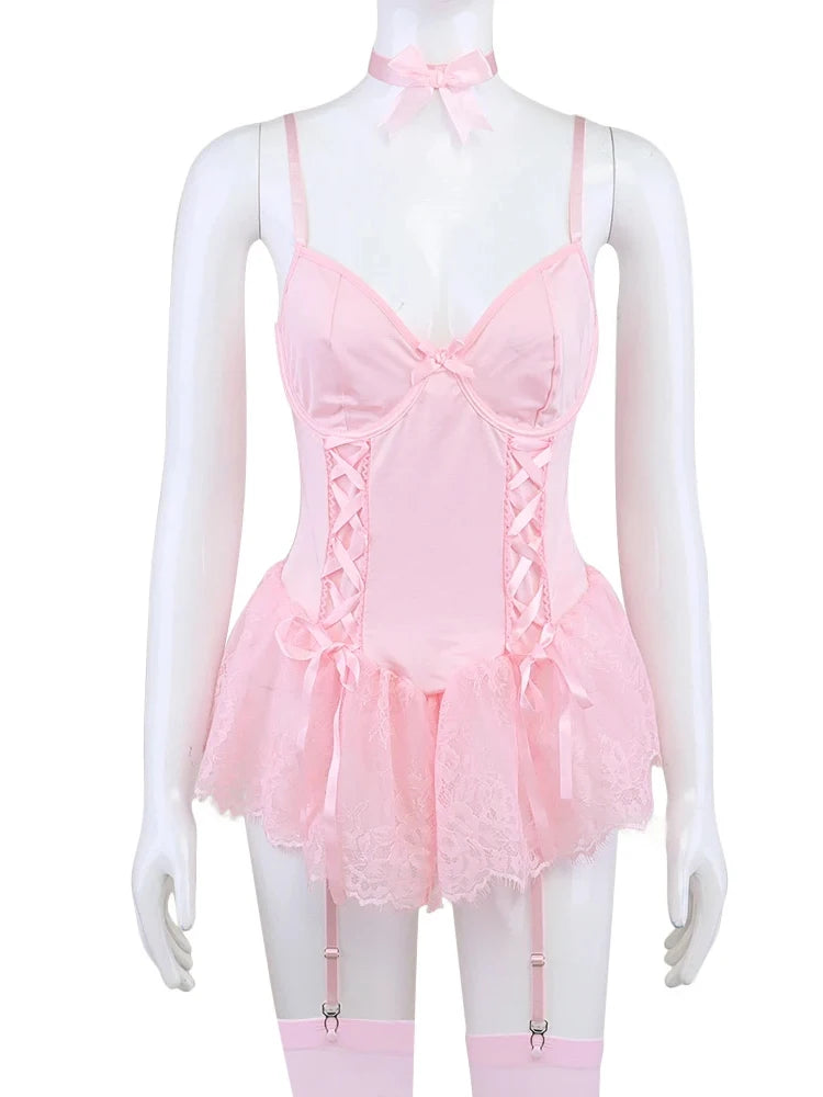 Toucheart Lace Fancy Patchwork Garters Sexy Lingerie Girly Pink Corset Dress Stocking Matching Cute Sexy Uniform Lingerie New