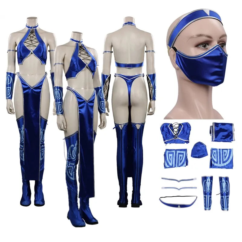 Adult Mortal Cosplay Kombat Kitana Cosplay Costume Women Bikini Top Shorts Mask Outfits Halloween Carnival Party Suit