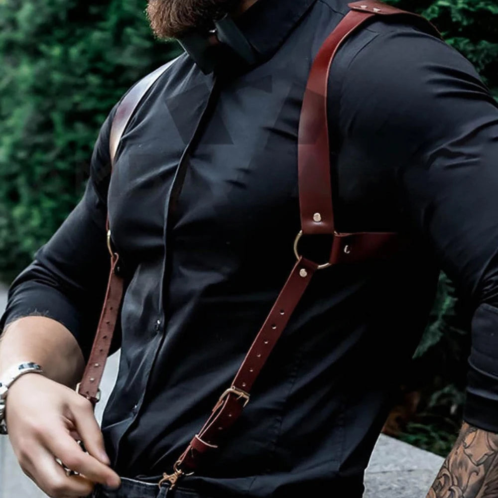 Men Fashion Studded Decor Gothic Punk Leather harness Vest With Studs Suspenders Belt Shoulder Strap Clothing Accessories