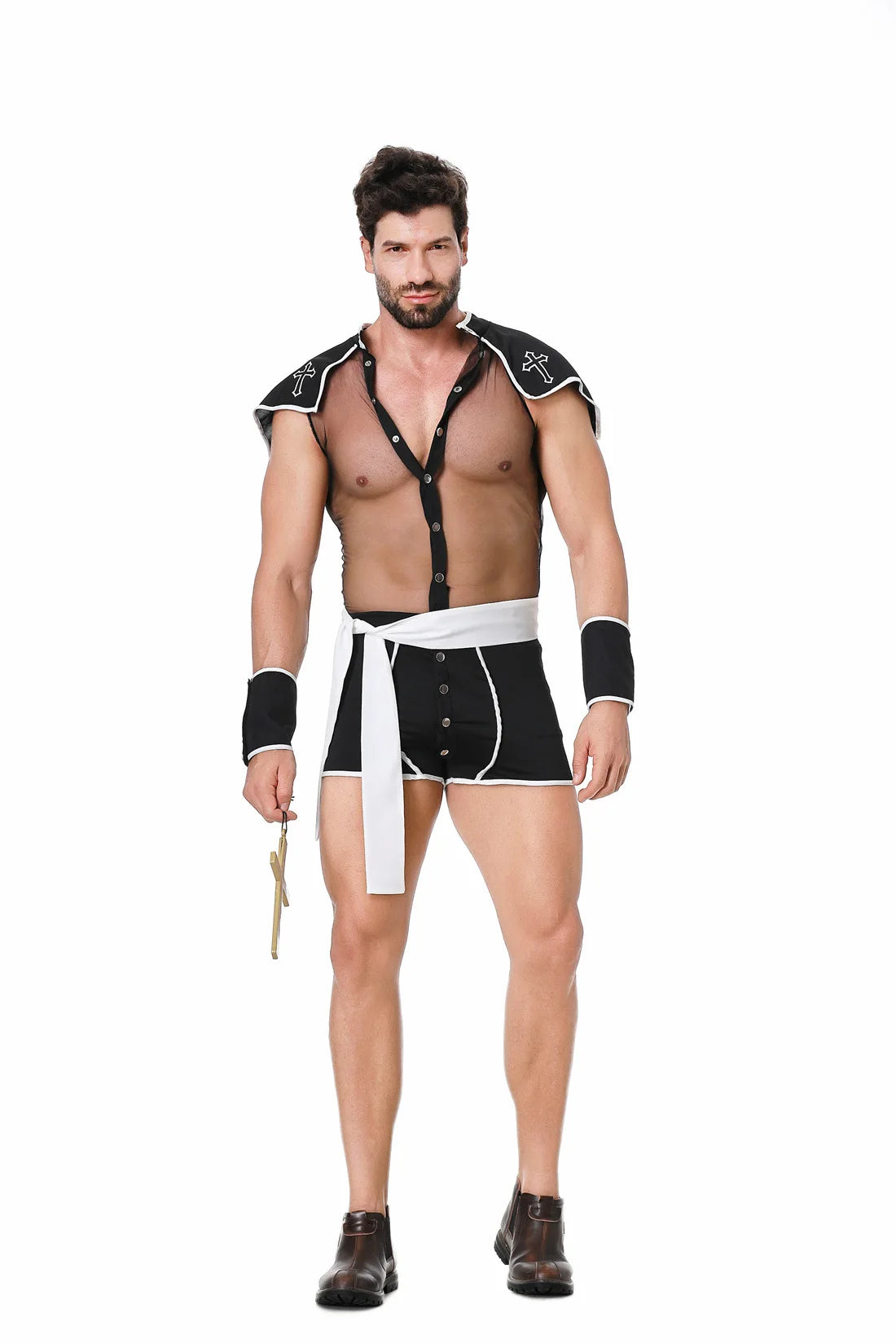 Sexy Mens Firefighter Bodysuit Mesh See Through Underwear Faux Leather Clown Cosplay Costume Nightclub Cowboy Uniform Hat Set