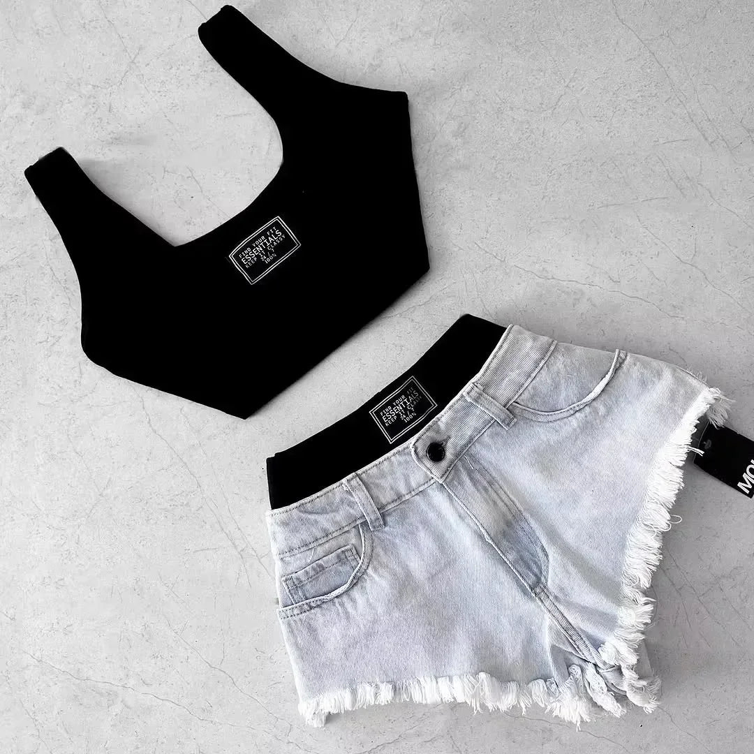 Y2K retro popular sweet sexy camisole mini denim skirt tank top two piece set harajuku low waist splicing hot girl skirt sets