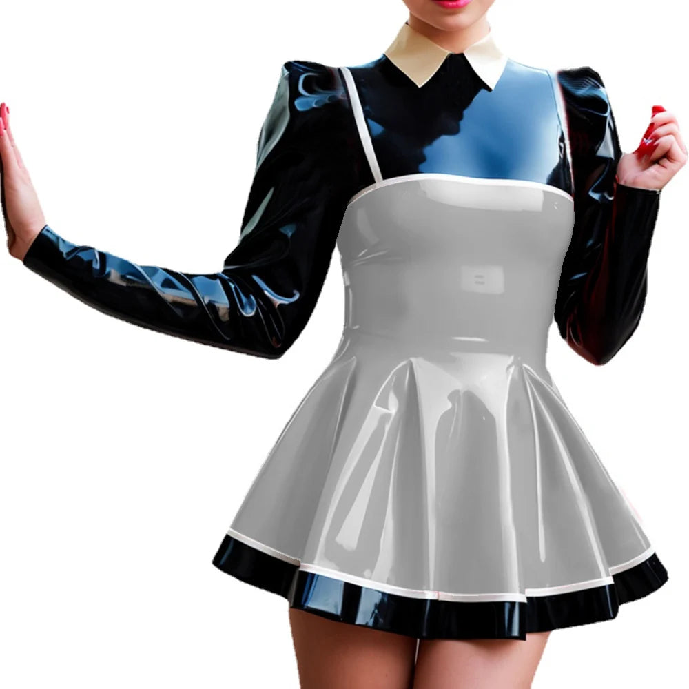 Wetlook-Glossy PVC Patchwork Mini Dress, Lapel Neck, Puff Sleeve, A-line Dress, Faux Latex, Long Sleeve, High Street, Party Club