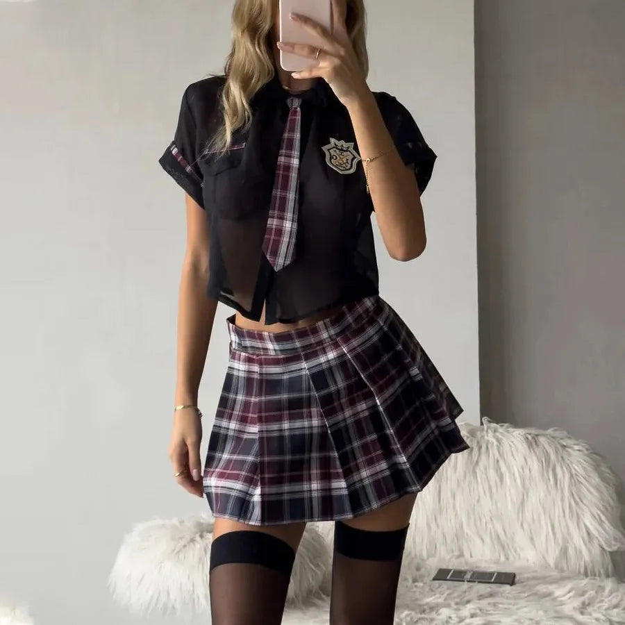 Toucheart Preppy Style Sexy Uniform Sets Women Sexy Uniform Suit Sheer Top+Lace Up Mini Skirt+Thongs Hollow Cosplay Porn Suits