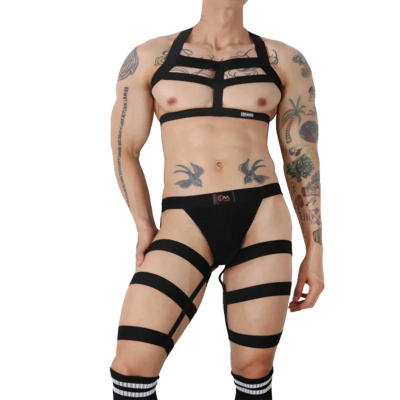 CLEVER-MENMOD Men Sexy Porn Halterneck Chest Briefs Stockings Set Jockstrap BDSM Harness Lingerie Exotic Sissy 18+ Adult Costume