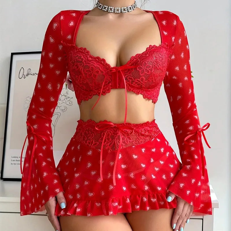 Ashburn 3 Piece Set See-through Sexy Lingerie For Women Red Love Bra Mesh Patchwork Ruched Lace Up Skirt Thong Sexy Suit New