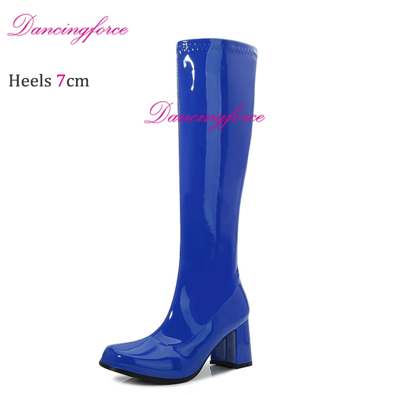 Orange Sexy Retro 60s 70s Gogo Boots 7cm Chunky Block Heel Club Knee High Boots CrossDressing Unisex Shoes Women