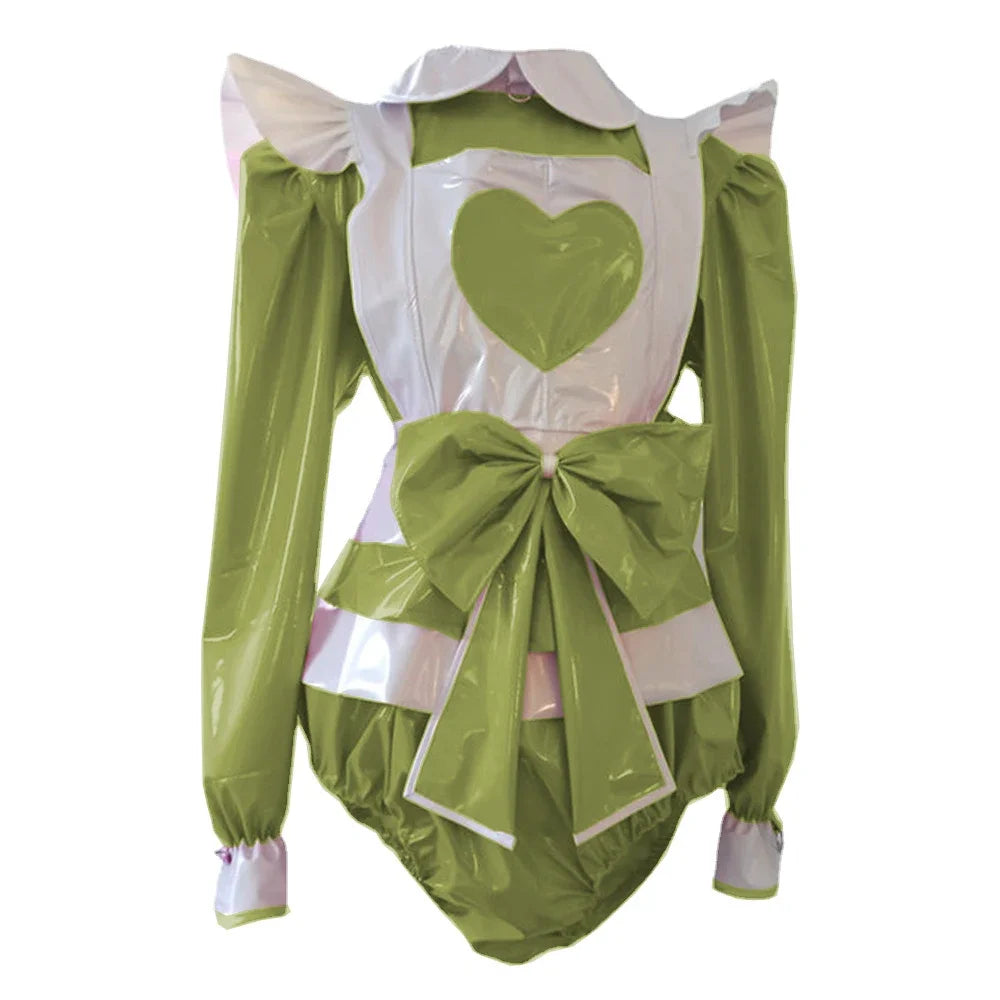 Long Sleeve heart Rompers Maid style with Big Bow Apron Spandex PVC Leather Cosplay Suits
