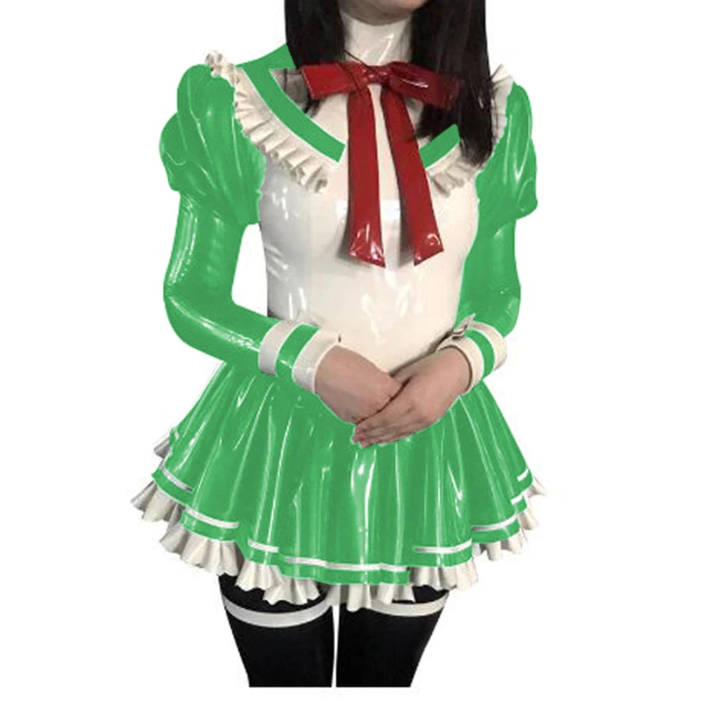 Cosplay Custom Mini Dress Sexy Faux Latex French Maid Club Dresses Long Puffs Sleeves Ruffles PVC Uniform Outfit Clubwear