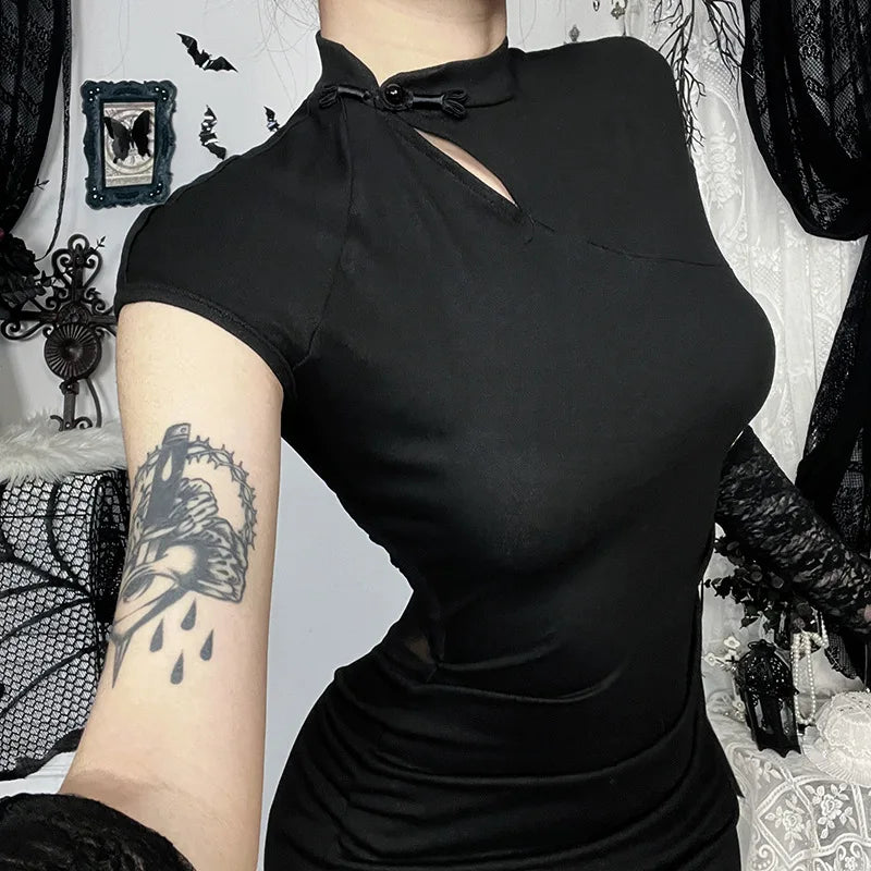 Goth Dark Mesh Patchwork Chic Perspective Backless Long Dress Chinese Style Party Gown Mall Goth Hem Split Slim Bodycon Dresses