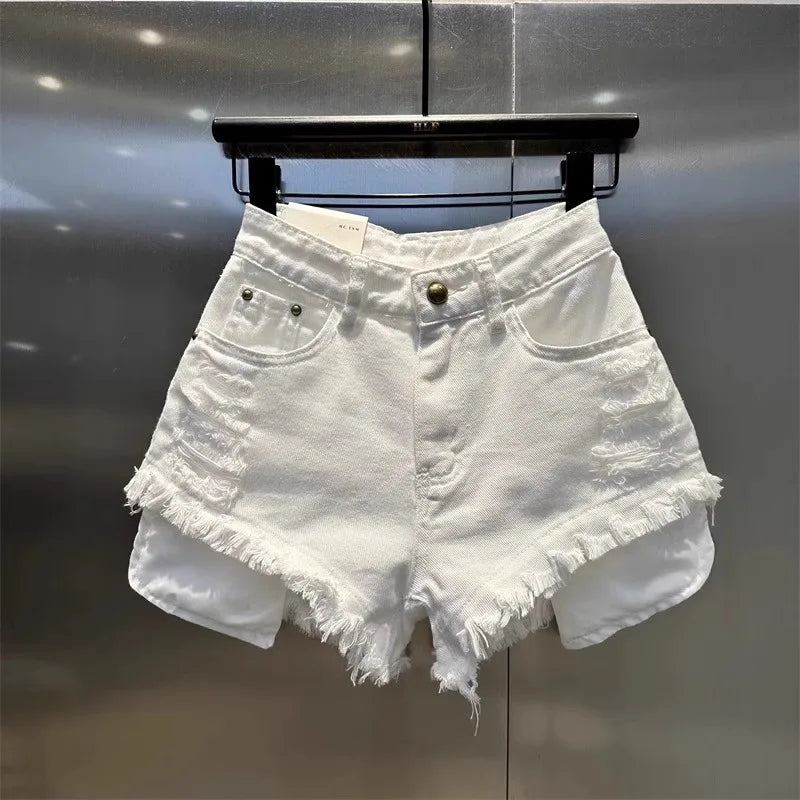Retro Brown Shorts with A Cut Waistband High Waist Personalized Fashion Wide Leg Hot Pants Shorts Women