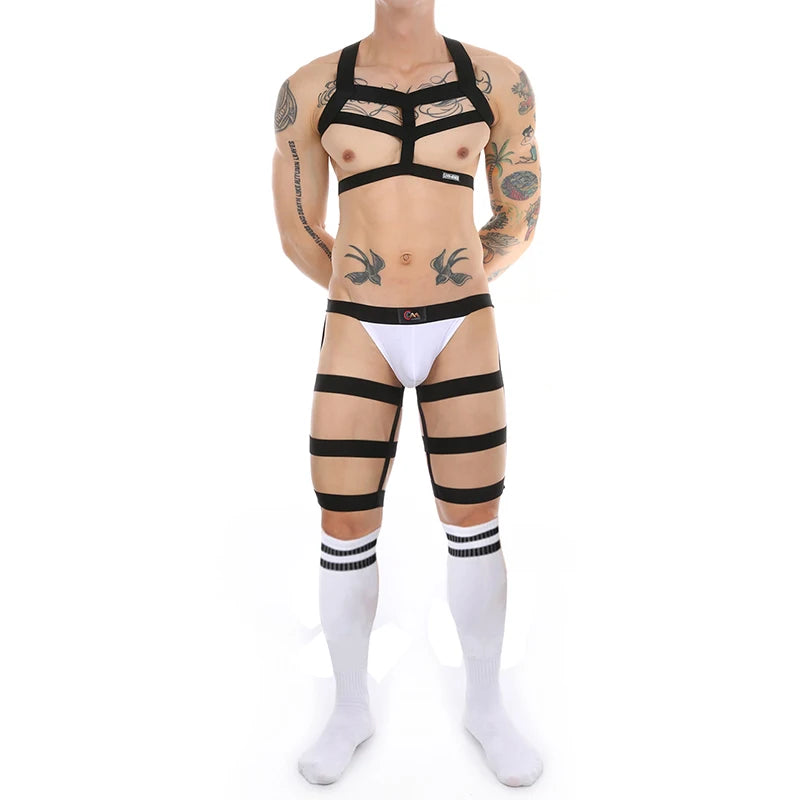 CLEVER-MENMOD Men Sexy Porn Halterneck Chest Briefs Stockings Set Jockstrap BDSM Harness Lingerie Exotic Sissy 18+ Adult Costume