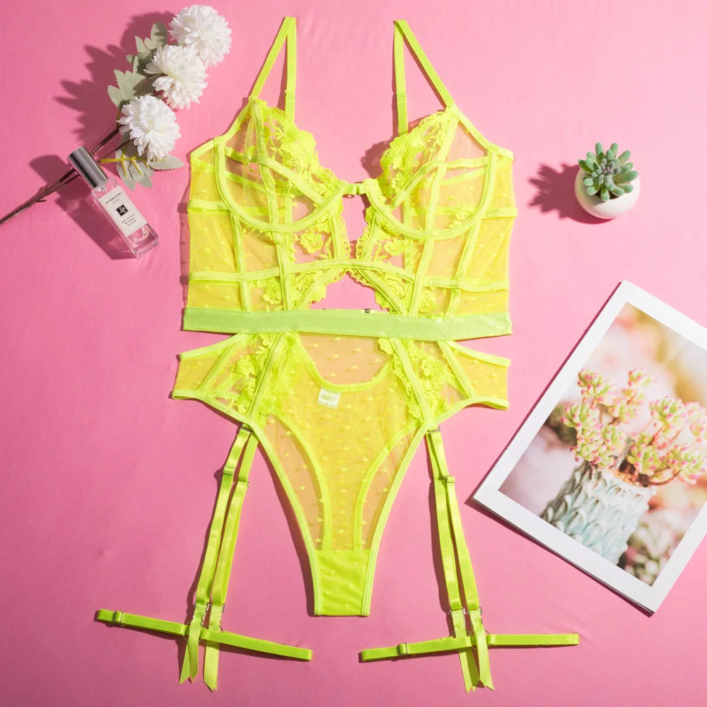 Toucheart Lace Embroidery Jumpsuit For Women Mesh Patchwork See-through Sexy Hollow Out Underwear Solid Color Garters Underwear