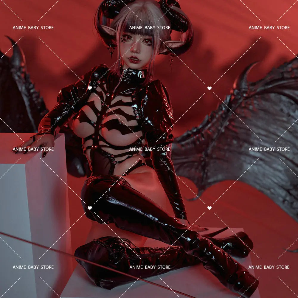 Sexy Dark Reign Imperial Skeleton Maid Cosplay Leather Leotard Clothing Set Hot Patent Original Designer Halloween Costume Women