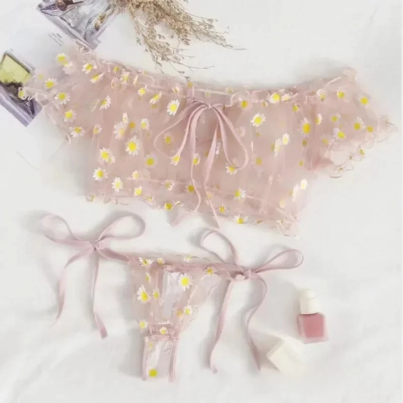 Ashburn Sexy Underwear Lace Lingerie Set For Women Off-Shoulder Small Chest Bralette+Thong Beachwear Transparent Bra Set New