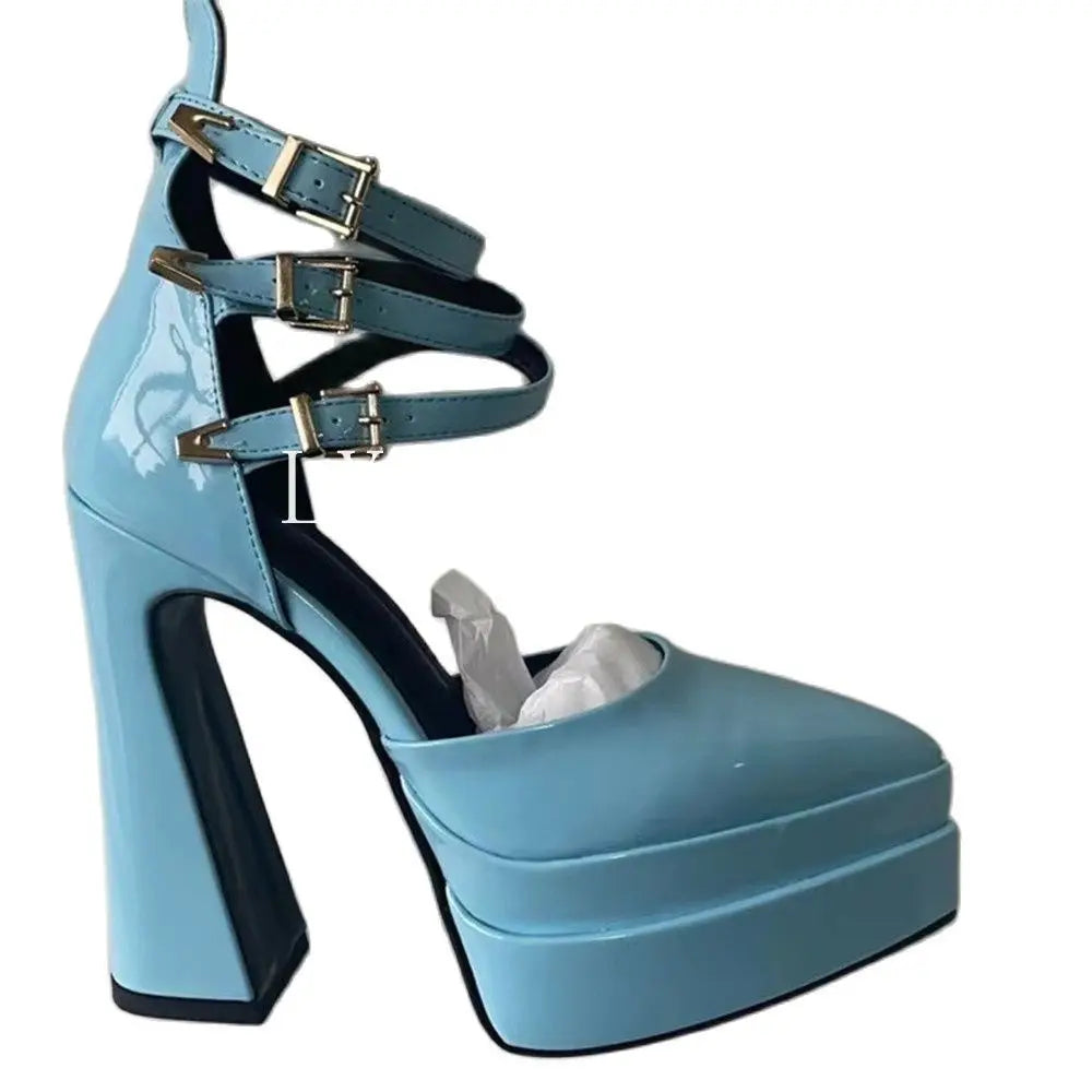 Pointed Toe Patent Leather Roman THICK HEELS Women's Platform Summer Thick High HeelS