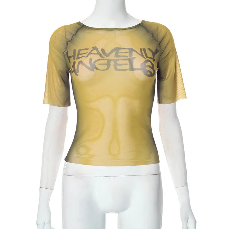 Goth Dark Cyebr Y2k Punk Mesh See Through Sexy T-shirts Techwear Fashion Gothic Letter Print Crop Tops Grunge Women Skinny Tees