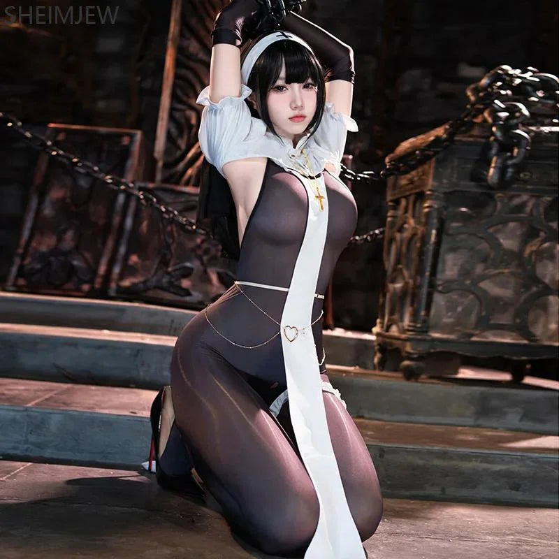 Women Sexy Nun Cosplay Costume Halloween Adult See-through Maid Open Crotch Jumpsuit With Veil Carnival Party Nightclub Bar Suit
