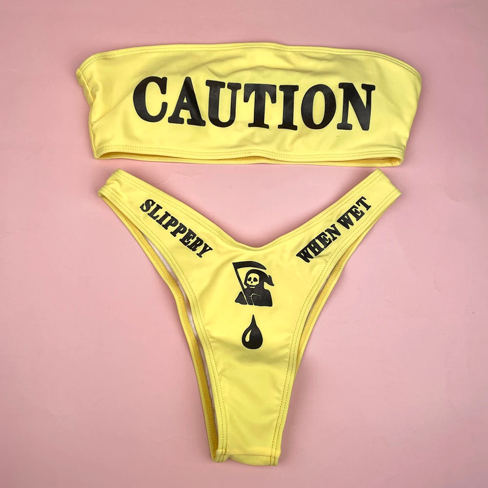 Gothic Bikini 2025 Women Skeleton Tube Top Bra Triangle Bottoms Swimsuit Split Bathing Suit Underwear Y2K Bikinis Swimwear