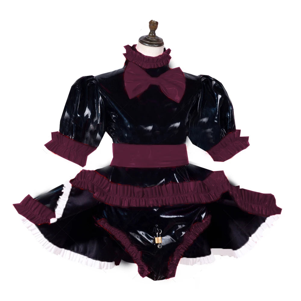 lockable dress Role Play Maid Dress with Apron Lockable Panties French Sissy PVC Short Sleeved Dress Lockable Uniform XS-7XL