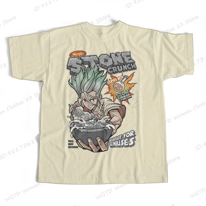 Anime Dr Stone Print T-shirts For Women/Men Summer Round Neck Solid Color Tee Shirts Fashion Casual Popular Oversized Tee Shirts